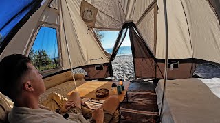 I Built a GIANT fully furnished TENT right on the Beach SOLO  Tropical Rain Forest Island ASMR [upl. by Nicolais]