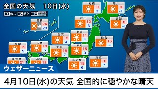 4月10日水の天気予報 全国的に穏やかな晴天 朝晩と昼間の寒暖差注意 [upl. by Thornton]