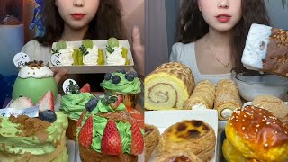 Asmr Eating Mini CakeRoll CakeTartMatcha CakePuff RollEating Cake With Cream Dessert Mukbang [upl. by Lipp]