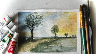 How To Paint A Simple Landscape Painting  Watercolor Painting [upl. by Shandra50]