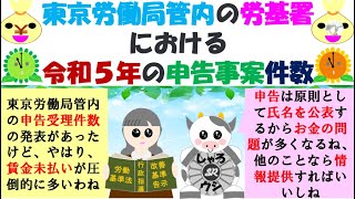 東京労働局管内の労基署における令和５年の申告事案件数、労基法第104条に基づく労働者から労働基準監督官への申告に基づいての申告監督、その内訳は？相談は賃金、解雇、年休が多いが指導件数はどうか？ [upl. by Mera865]