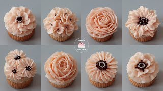 8 Design Flower CupcakesTutorial for Beginners  Wilton nozzle 104 [upl. by Preiser]