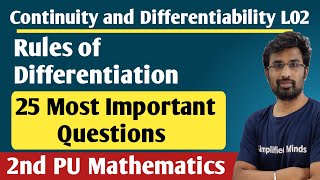 Rules of Differentiation  Chain Product and Quotient Rules  2nd PUC Mathematics Exam 2024 [upl. by Akerue712]