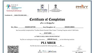 PLUMBER CERTIFICATE SKILL INDIA PMKVY [upl. by Swan]