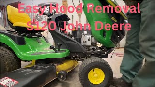 How To Remove a S 100 series Hood off a John Deere Lawn Tractor S100 S110 S120 S130 S140 [upl. by Werda902]