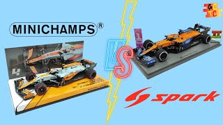 Spark vs Minichamps  F1 143 model comparison Mclaren MCL35M 2021 Lando Norris  Daniel Ricciardo [upl. by Ofelia]