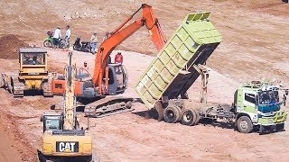 BIG Diger Excavator Dozer And Dump Truck Working On Dam Construction [upl. by Prunella]