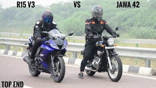 Jawa 42 VS Yamaha r15 v3 Race  Top End  Sport vs Classic [upl. by Irahk]