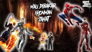 Upin dan Sultan Bocil Mau Dibakar Ironman Jahat dan Ghost Rider Api untung ada Spiderman GTA5 [upl. by Ahsikahs]