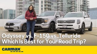 Best Family Road Trip Car  Kia Telluride vs Ford F150 vs Honda Odyssey  Prices MPG amp Interior [upl. by Ahsinev64]