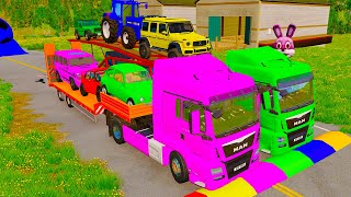 Double Flatbed Trailer Truck vs Speedbumps vs Train vs Cars  Tractor vs Train  BeamngDrive 010 [upl. by Ahsas]