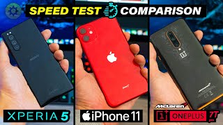 Sony Xperia 5 Vs iPhone 11 vs Oneplus 7t pro mclaren  Speed Test Comparison [upl. by Gridley878]