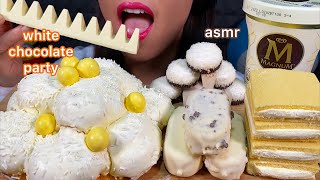 ASMR WHITE CHOCOLATE PARTY PROFITEROLE MAGNUM ICE CREAMS TOBLERONE MARSHMALLOW BISCUIT Eating Sounds [upl. by Jamin]