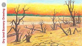 How to draw dry land scenery dead trees scenery Dry scenery easy drawing Step by step [upl. by Atsillac]