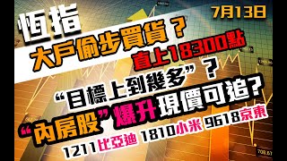 港股速報 恆指直上18300點｜大戶偷步買貨？｜目標上升幾多？｜內房股爆升現價可追？｜700騰訊｜9988阿里巴巴｜3690美團｜9618京東｜1810小米｜1211｜恒生指數港股｜7月13日 [upl. by Llerref]