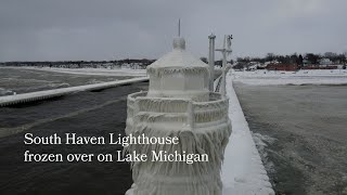 South Haven Lighthouse frozen over on Lake Michigan [upl. by Nalak]