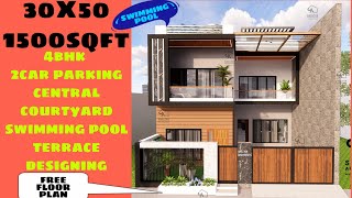 30X50 HOUSE PLAN  4BHK1500 SQFT CENTRAL COURTYARD SWIMMING POOL WEST FACINGSHELTER ARCHITECTS [upl. by Fairfield318]