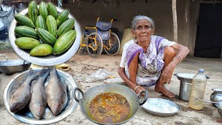 90 year old poor Grandma cooking RANGEFIN LABEO FISH with pointed gourd amp eating village life india [upl. by Garik915]