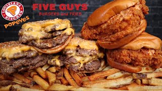 ASMR FIVE GUYS TRIPLE CHEESE BURGERS amp FRIES POPEYES SPICY CHICKEN SANDWICHES MUKBANG [upl. by Odnalro]