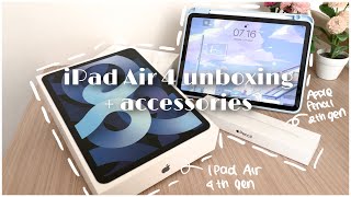 📦 iPad Air 4 2021 sky blue unboxing  accessories  Apple Pencil 2  casing ✨ [upl. by Yelak]