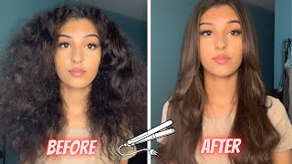 CURLY TO STRAIGHT HAIR HOW TO SLEEK LOOK ON THICK HAIR [upl. by Rama]