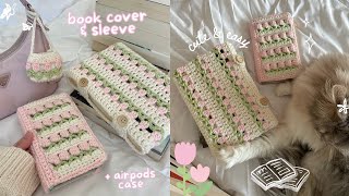 how to crochet tulip sleeve book cover amp airpods case  beginnerfriendly tutorial [upl. by Annaeirb935]