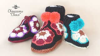 Crochet Chaussons quotChocoquot I Toutes les tailles I Granny fleur africaine [upl. by Allcot]