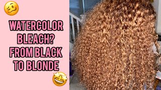 Watercolor Bleach Bleach Bath for Wigs  From Black to Honey Blonde  Curly Lace Frontal Wig [upl. by Wendel]