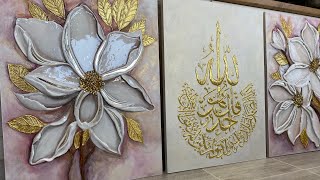 Textured Painting TechniqueTriptych with Flowers and Arabic ScriptMagnolias and Arabic Calligraphy [upl. by Kopp]