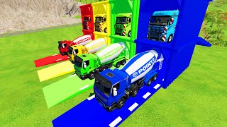 TRANSPORTING COLORED MIXER CEMENT TRUCK TO GARAGE WITH MERCEDES ACTROS CATERPILLAR TRUCK [upl. by Yacov]