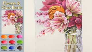 Basic StillLife Watercolor Flowers and glass bottle wetinwet Fabriano roughNAMIL ART [upl. by Hobart211]