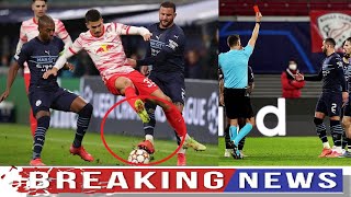 Kyle Walker shown straight RED CARD after ridiculous challenge in RB Leipzig 2 1 Man City [upl. by Rehpotsirhk]