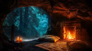 Hidden Cave In Forest On Rainy Night Campfire Rain amp Thunder Sound For Meditation Relaxation [upl. by Inajna]