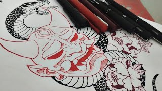 How to Draw Mask Hannya Tattoo [upl. by Wadesworth]