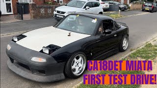 CA18DET MIATA FIRST TEST DRIVE New exhaust and power steering CA18 Miata build pt12 [upl. by Lawry]