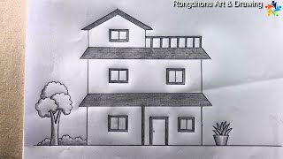 Beautiful Building House  Pencil Drawing  Very Easy  Cute [upl. by Bahr]