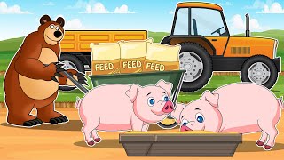 Bear Farmer Transports and Feeds Pigs  Trucks Trailers Cranes  Vehicles Farm Animated [upl. by Sandye]