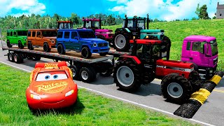 Double Flatbed Trailer Truck vs Speedbumps Train vs Cars  Rainbow Tractor vs Train BeamngDrive 007 [upl. by Waldos552]