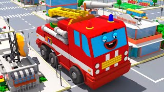 Red Fire Truck in the City w AMBULANCE 3D Animation for Children Cars Team Cartoons [upl. by Mae601]