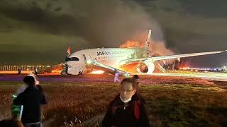 Moment Japan Airlines plane hits a plane on landing at Haneda Airport [upl. by Yensehc]