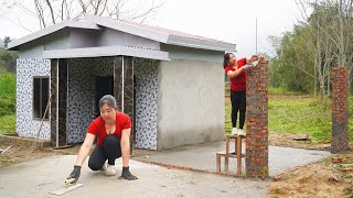 Strong girl build kitchen houseConcrete floor strips and build pillars with bricks [upl. by Cinda]