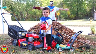 Leaf pile clean up with our lawn mower weed eater and leaf blower  Lawn mowers for kids [upl. by Eon459]