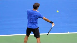 Roger Federer Forehand Slow Motion Court Level View  ATP Modern Tennis Forehand Technique [upl. by Adile]