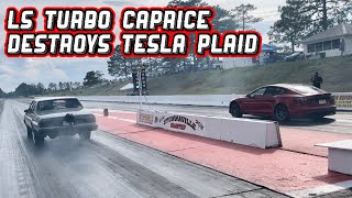 BOOSTDOCTOR TURBO LS CAPRICE ON 24” RIMS DESTROYS TESLA MODEL S PLAID IN A SHOOTOUT RACE [upl. by Shaya]