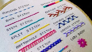 15 Basic Hand Embroidery Stitches Sampler For Absolute Beginners [upl. by Aihsia]