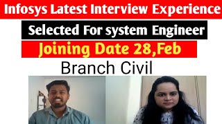 Latest infosys interview experience  Civil branch Infosys system engineer interview questionsjob [upl. by Ruthe]