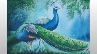 Peacock painting 3  watercolour  Landscape [upl. by Sirrep]