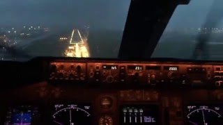 Cockpit View Landing at Schiphol with Stormy Weather on Runway 22 with B747400 [upl. by Ijneb]