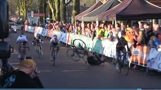 Spectator knocks out cyclist right before the finish line [upl. by Dnalevelc914]