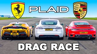 Tesla Model S PLAID v Ferrari SF90 v Porsche 911 Turbo S DRAG RACE [upl. by Hsirrap587]